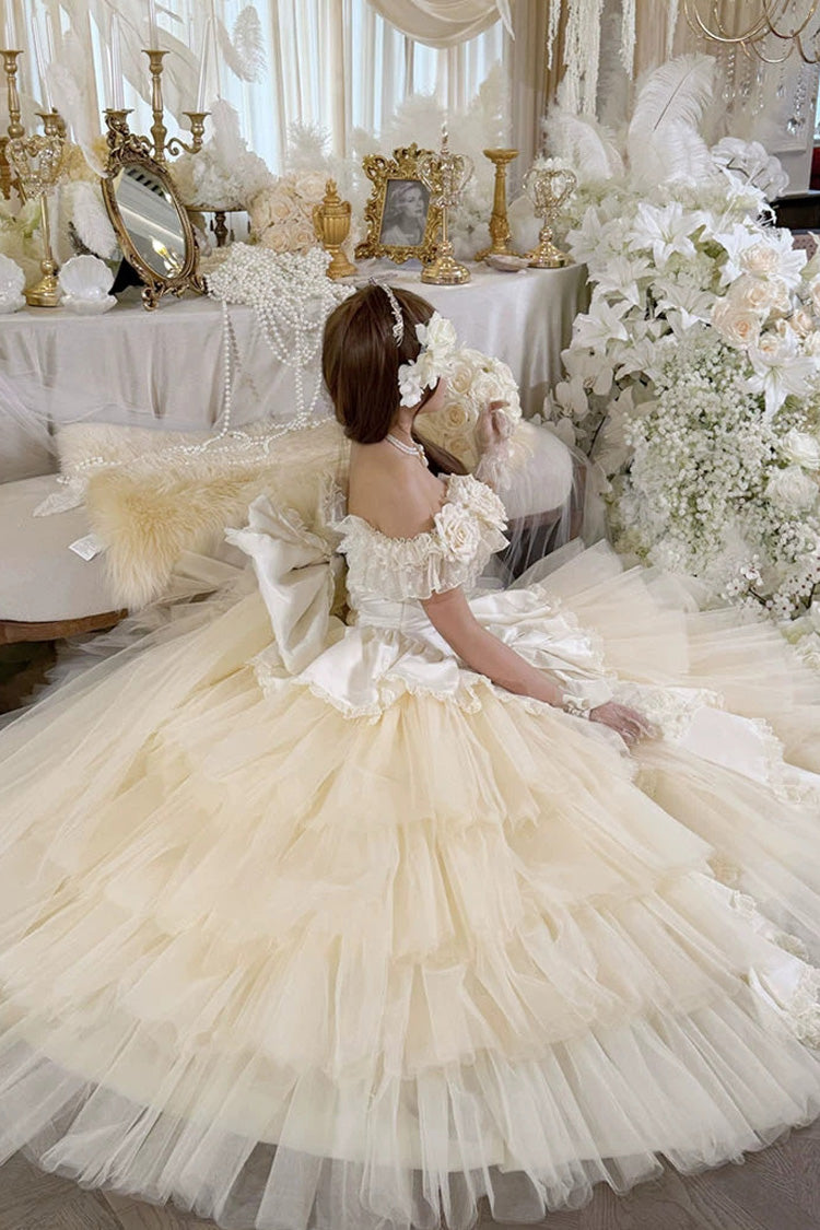 Apricot [Heart’s Beloved Rose] Sleeveless Ruffled Hanayome Bow Lace Lace-Up Sweet Lolita Jsk long Dress