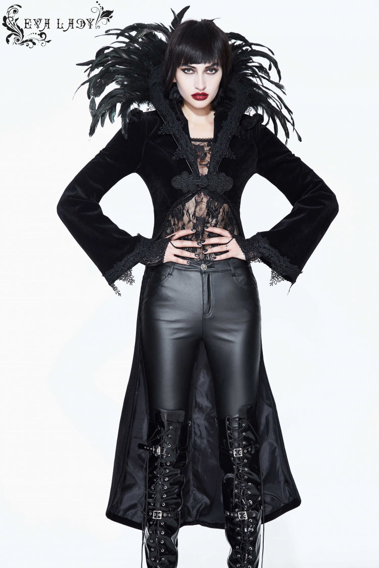 Black Feathered Collar Long Sleeves Bowknot Women's Gothic Tailcoat