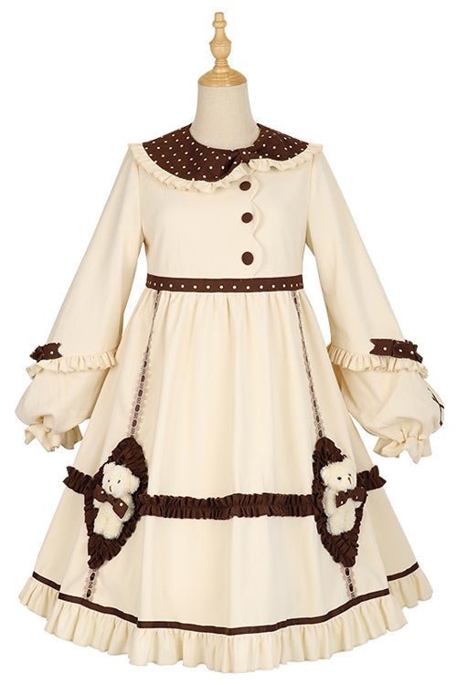 Beige Round Collar Lantern Sleeves Cute Bear Sweet Lolita OP Dress