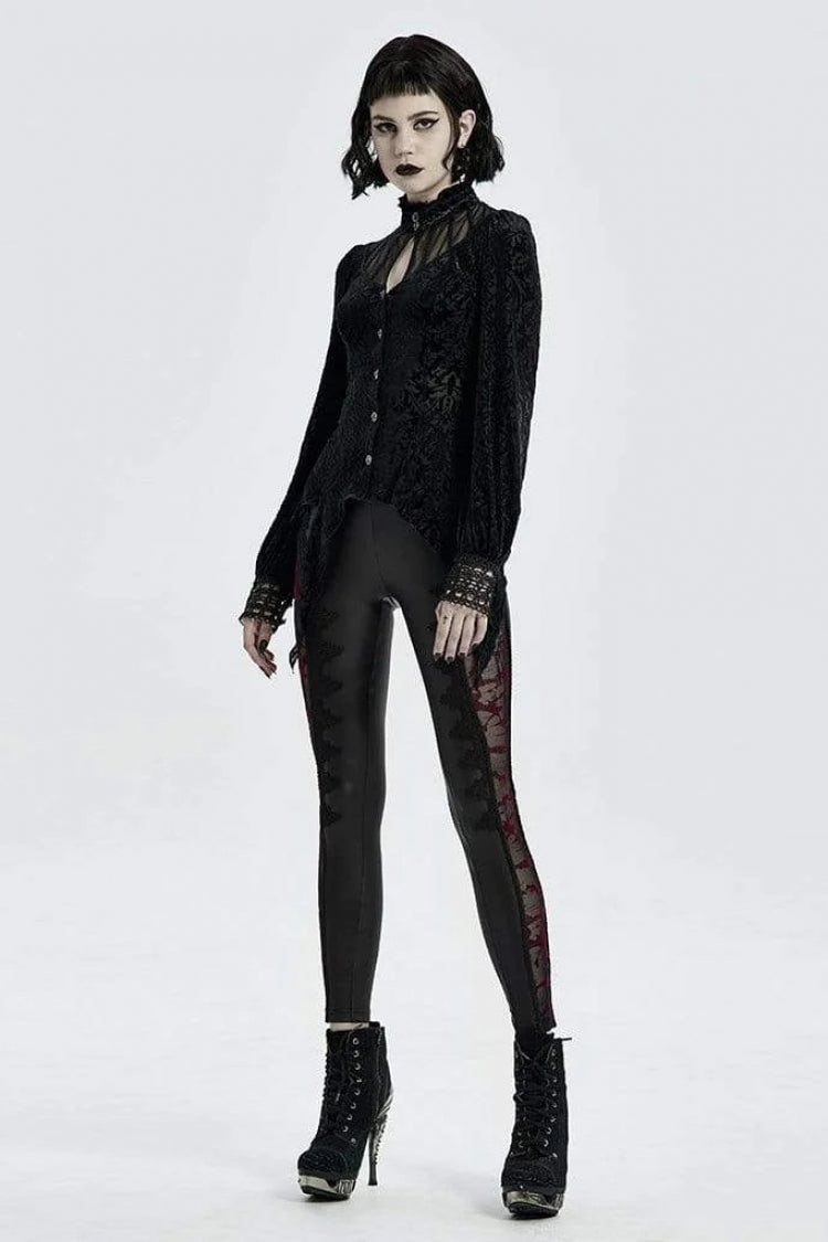 Black High Collar Long Sleeves Floral Print Hollow Stitching Irregular Hem Womens Gothic Blouse