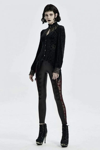 Black High Collar Long Sleeves Floral Print Hollow Stitching Irregular Hem Womens Gothic Blouse