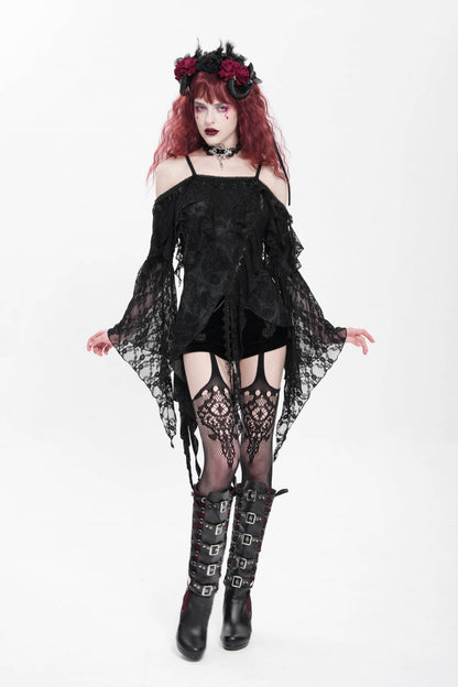 Black Off Shoulder Long Trumpet Sleeves Ruffle Women's Gothic Slip Blouse