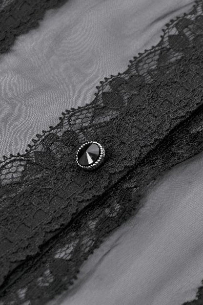 Black Multi-Layered Ruffled Lace Short Puff Sleeves Sheer Women's Courtly Gothic Blouse