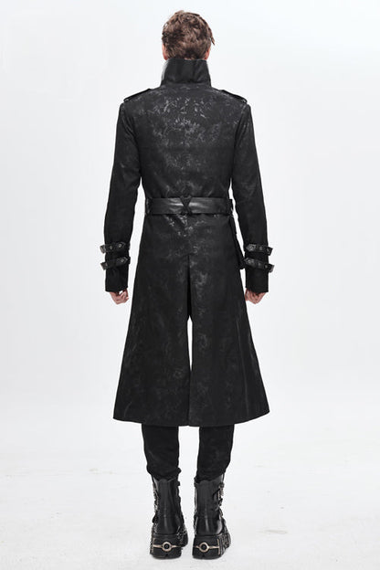 Black Open Collar Printed Belted Long Mens Punk Coat