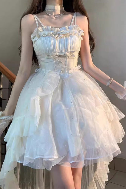 Apricot Shining Bowknot Irregular Sweet Princess Gorgeous Lolita Jsk Dress (Include Train)