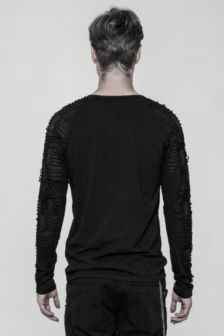 Black Long Sleeves Metal D-Buckle Ripped Men's Steampunk T-Shirt