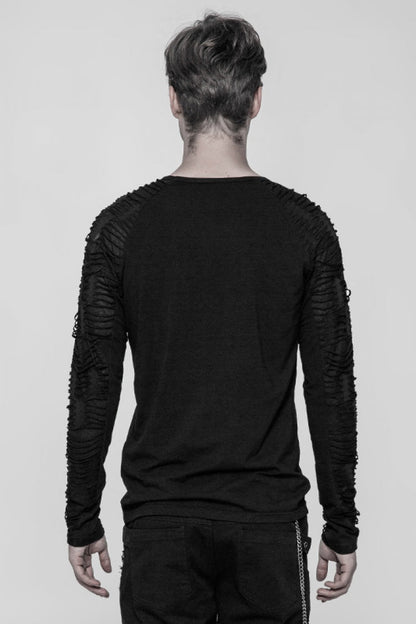Black Long Sleeves Metal D-Buckle Ripped Men's Steampunk T-Shirt