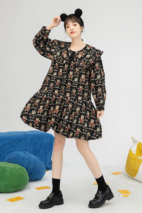 Black Doll Collar Bear Print Puff Sleeves Ruffled Sweet Lolita OP Dress