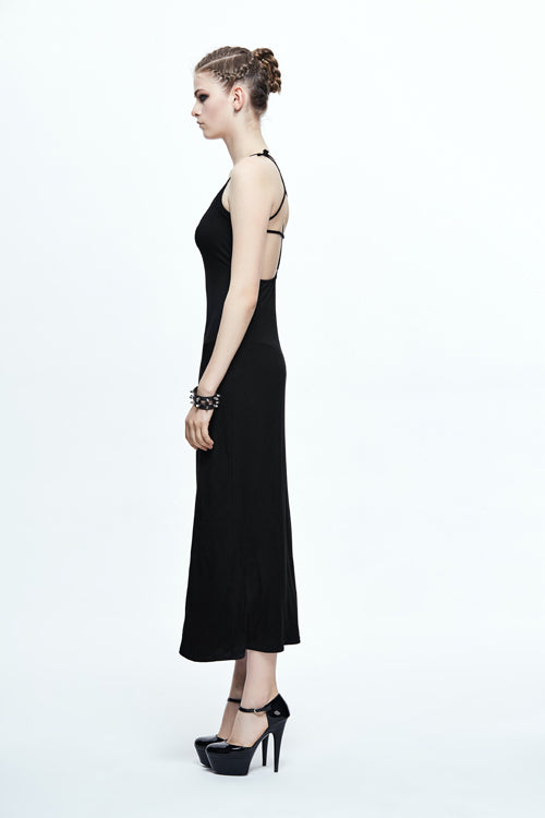 Black Five Pointed Star Mid Length Womens Gothic Slip Dress