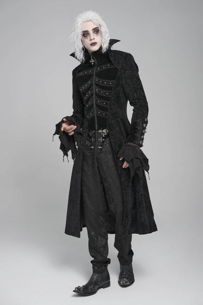 Black Diamante Stand Collar Long Sleeves Printed Zippered Men's Gothic Long Coat