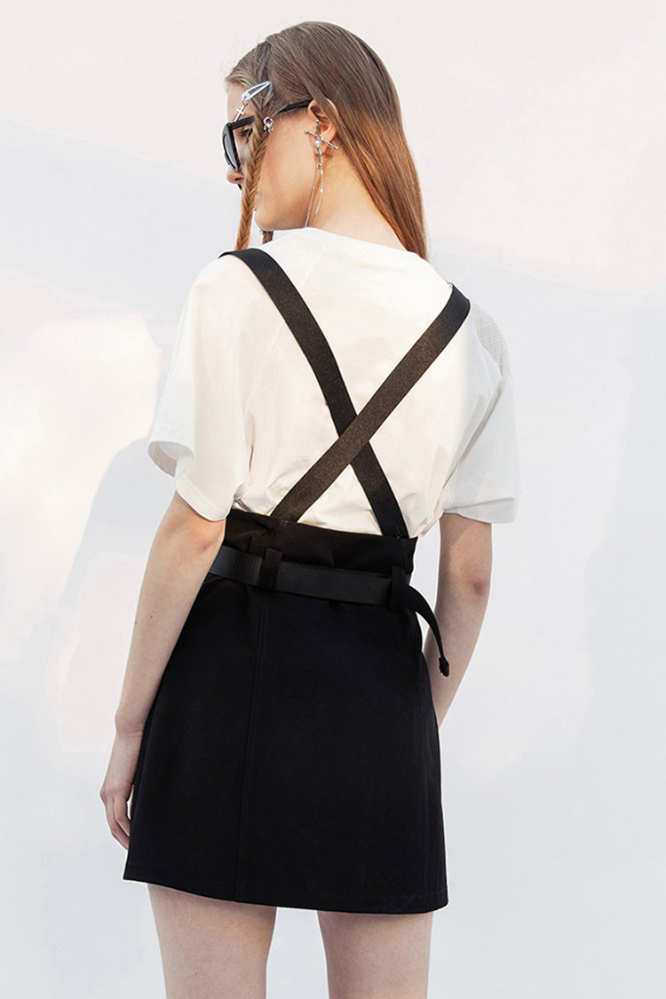 Black Metal Ring Shoulder-Strap Buckle Belt Split Hem A-Shaped Women's Punk Skirt