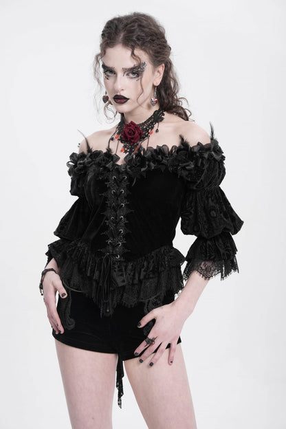 Black Off Shoulder Long Sleeves Ruffle Embroidery Lace-Up Women's Gothic Blouse