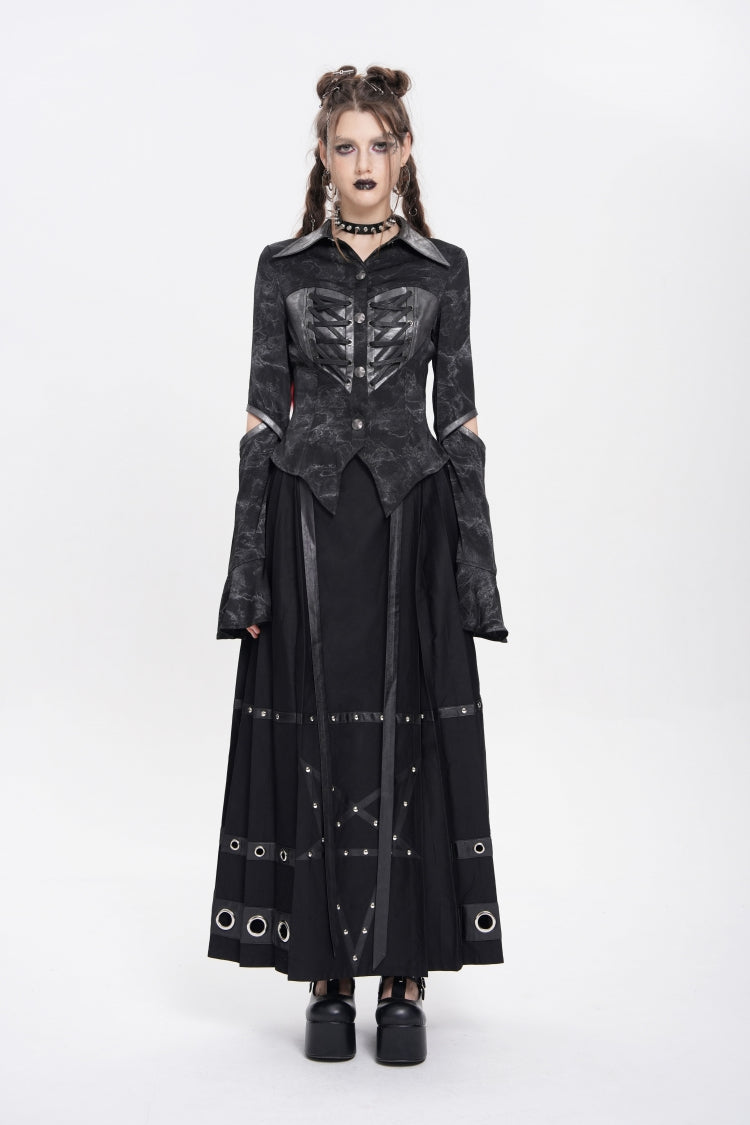 Black Lapel Collar Long Sleeves Print Lace-Up Cutout Women's Punk Blouse