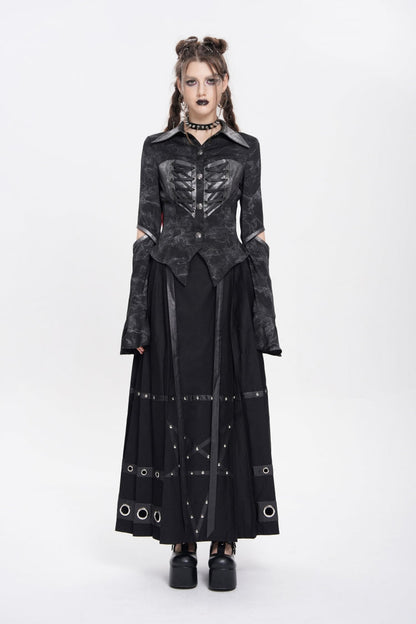 Black Lapel Collar Long Sleeves Print Lace-Up Cutout Women's Punk Blouse