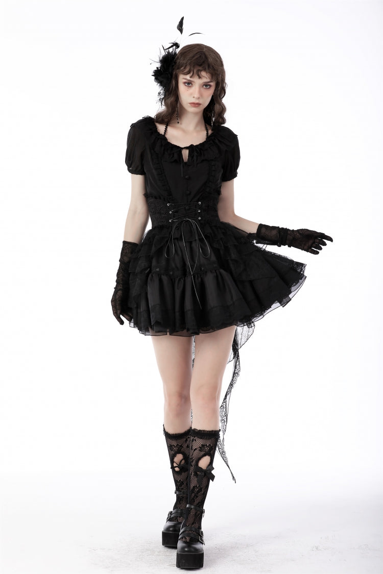 Black Lace-Up Multi-Layered Lace Women's Gothic Fishtail High Low Tunic Skirt
