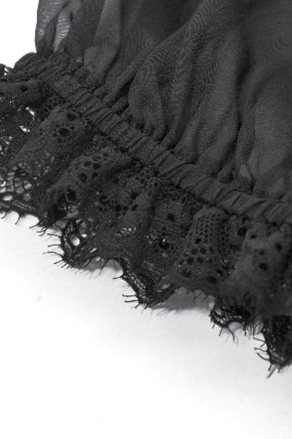 Black Multi-Layered Ruffled Lace Short Puff Sleeves Sheer Women's Courtly Gothic Blouse