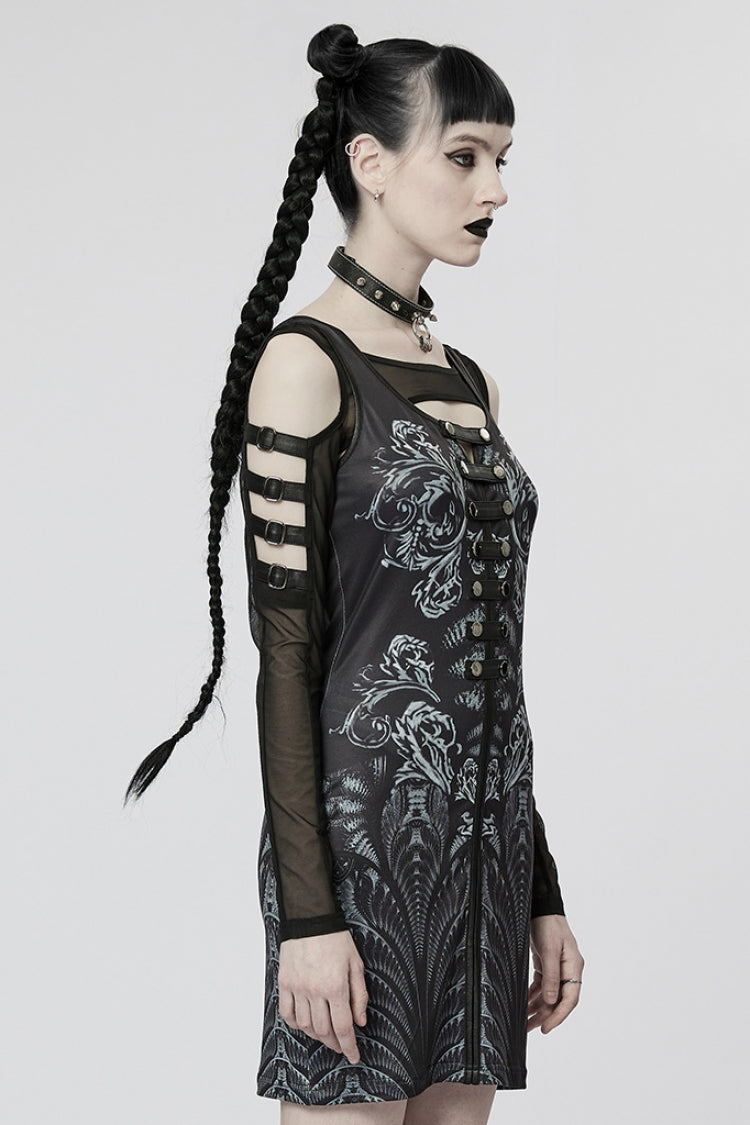 Black Off Shoulder Long Sleeves Print Metal Rivets Women's Gothic Two Pieces Dress