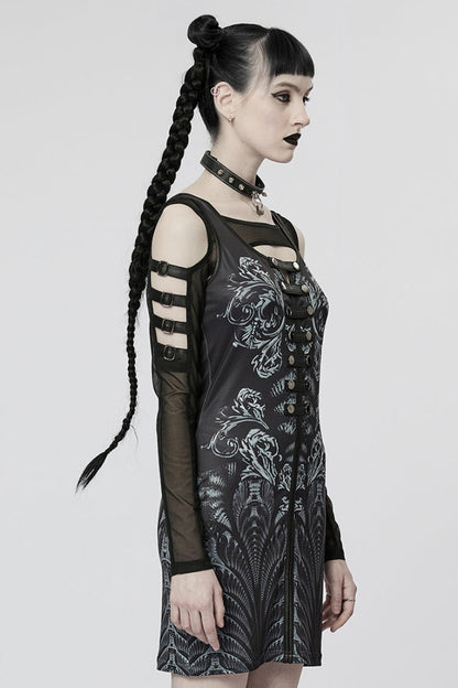 Black Off Shoulder Long Sleeves Print Metal Rivets Women's Gothic Two Pieces Dress