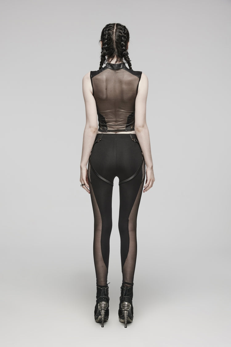 Black Cut-Out Spliced Lace-Up Slim Mesh Eyelet Women's Punk Leggings
