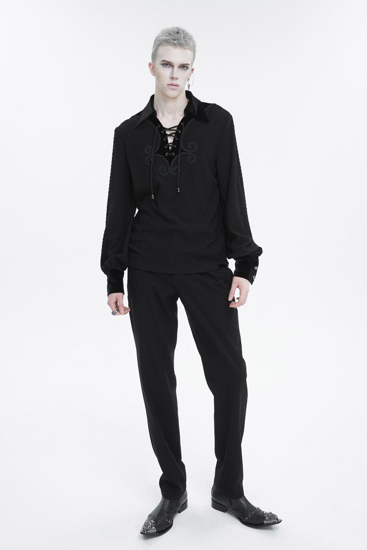 Black Embroidered Chest With Drawstring Strappy Puff Sleeved Men's Gothic Shirt