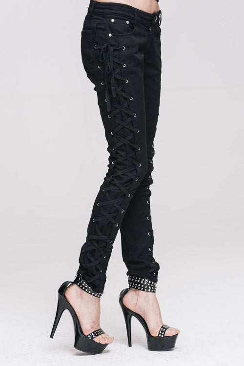 Black Lace Up Punk Classic Stretchy Womens Pants