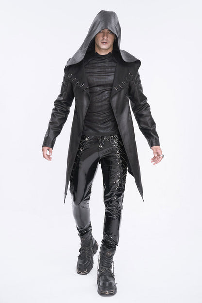 Black Irregular Eyelet Men's Gothic Jacket With Hood