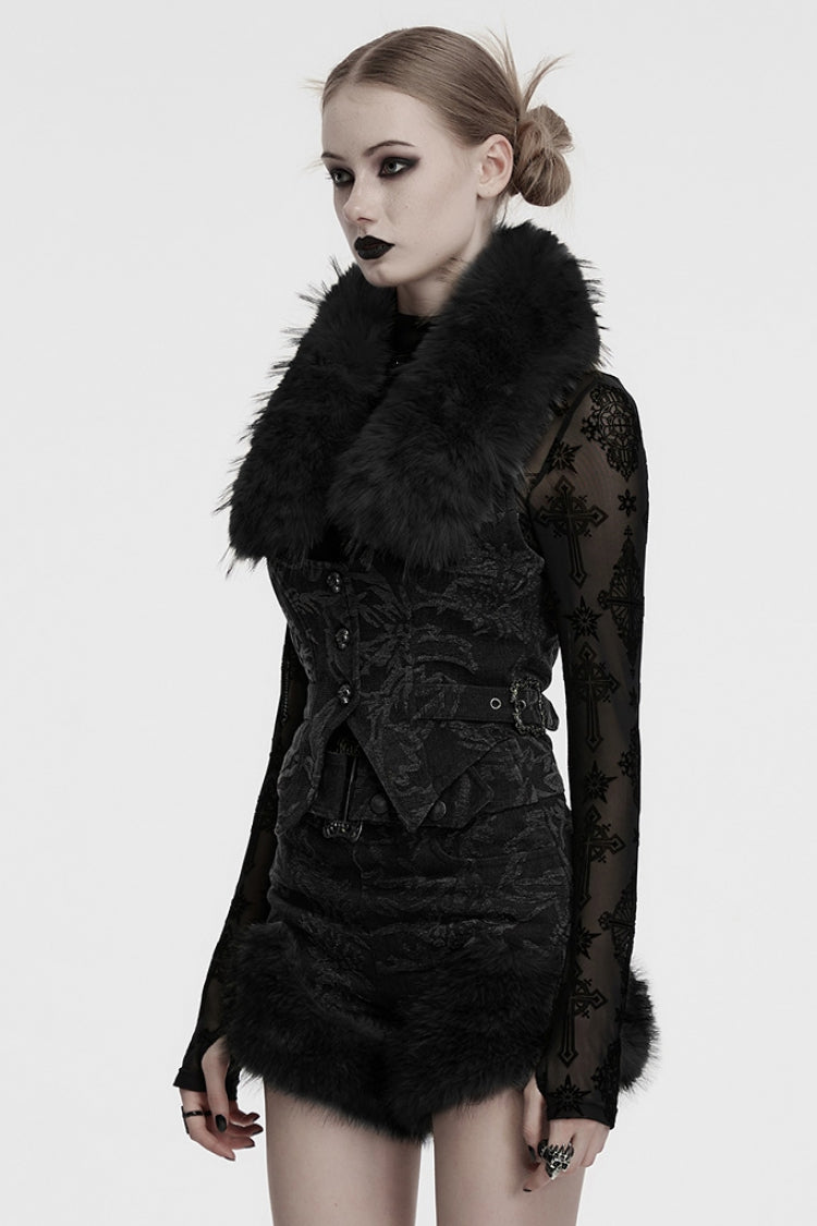 Black Halterneck Sleeveless Jacquard Women's Gothic Vest with Faux Fur Collar