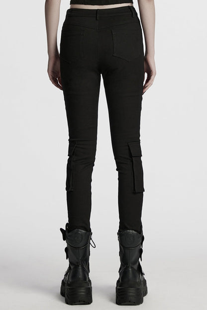 Black Lace-Up Strappy Big-pocket Women's Punk Leggings