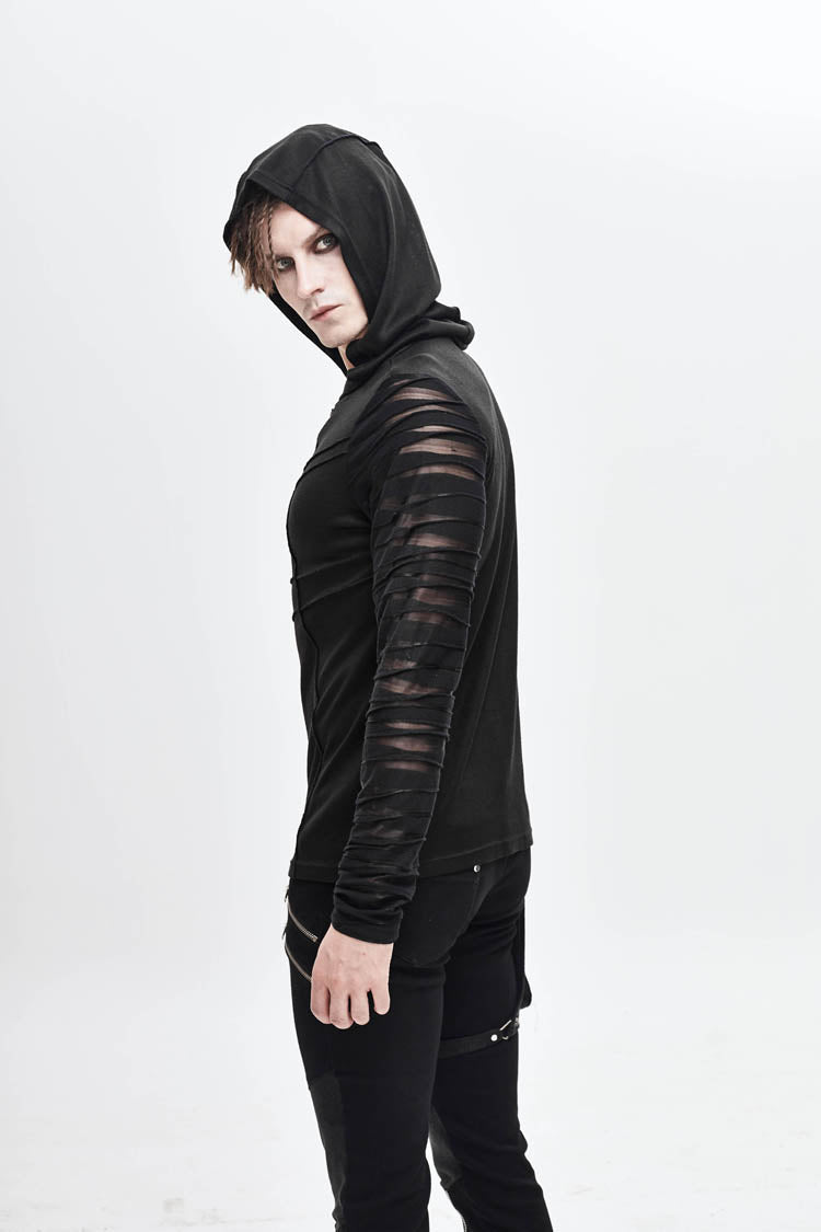 Black Collar Metal Button Irregular Striped Patchwork Bandage Hooded Men's Punk T-Shirt