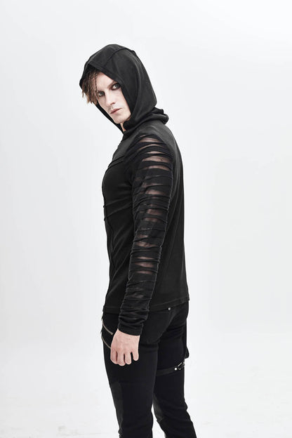 Black Collar Metal Button Irregular Striped Patchwork Bandage Hooded Men's Punk T-Shirt