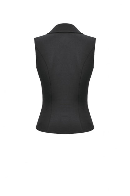 Black Lapel Collar Sleeveless Lace-Up Studded Zippered Eyelet Women's Punk Vest