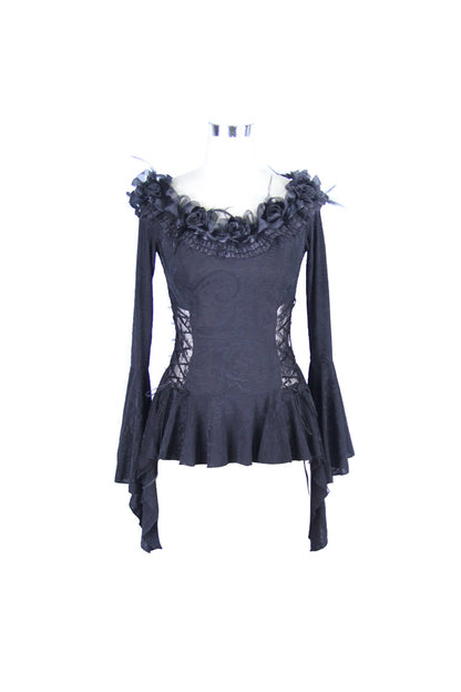 Black Knit One-Word Shoulder Rose Decoration Collar Waist Side Splice Lace Up Flare Sleeve Women's Gothic Shirt