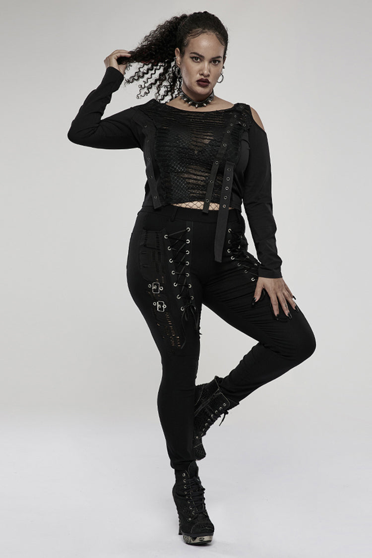Black Elasticity Knitting Holes Design Cross Tied Rope Decoration Sexy Tight Women's Plus Size Punk Trousers