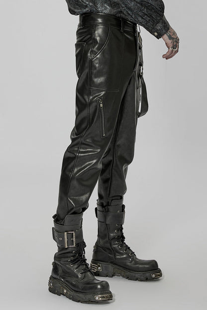 Black Faux Leather Detachable Metal Side Straps Men's Steampunk Pants