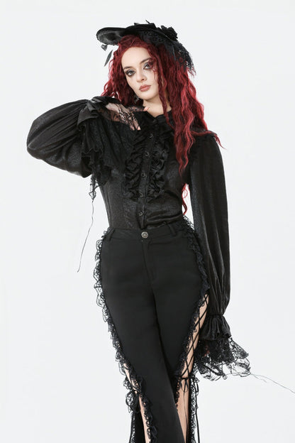 Black Long Lantern Sleeves Ruffled Spliced Lace Women's Gothic Blouse