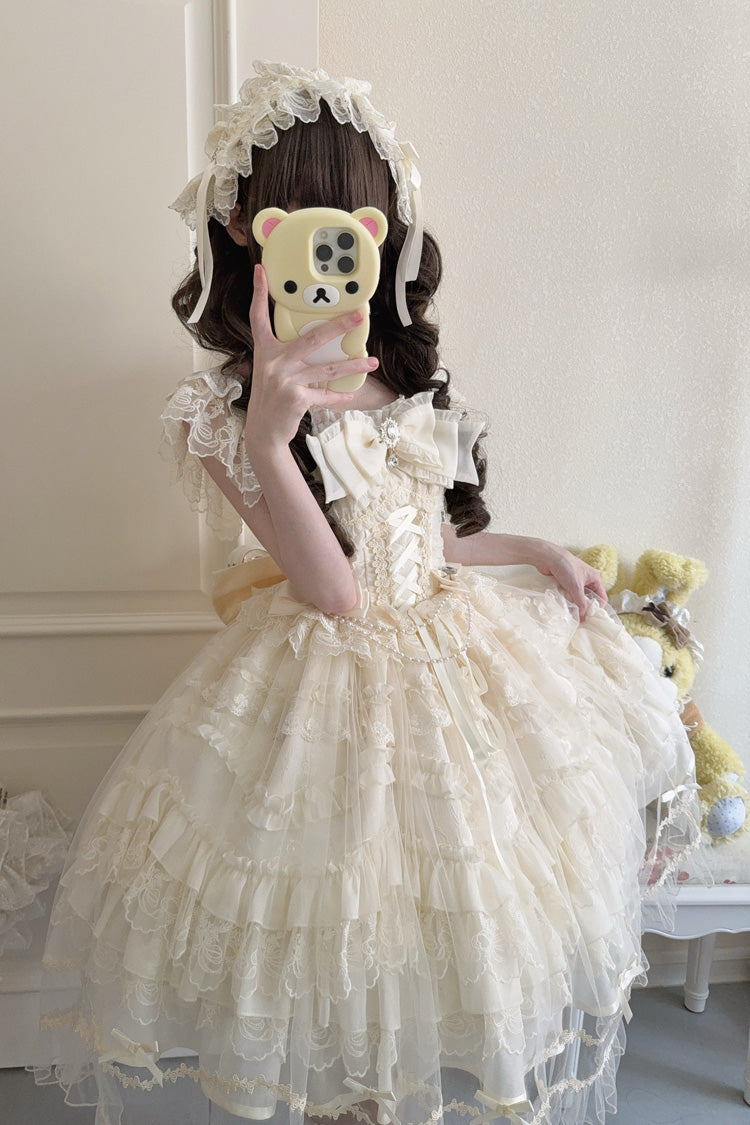 Apricot [Eternal Vow] Sleeveless Multi-Layered Ruffle Hanayome Bowknot Lace Lace-Up Sweet Lolita Jsk Dress