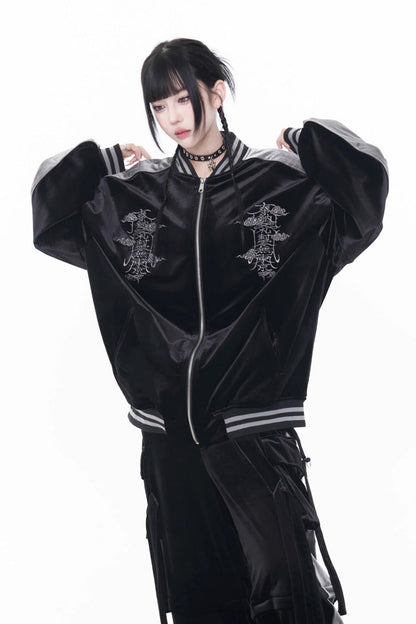 Black Long Sleeves Print Embroidery Gothic Jirai Kei Chinese Style Japanese Coat