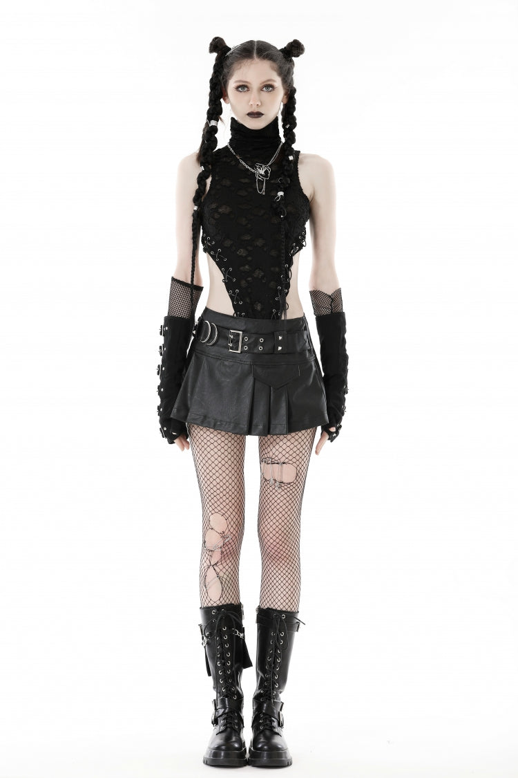 Black Faux Leather Metal Belt Buckled Pleated Women's Punk Mini Skirt