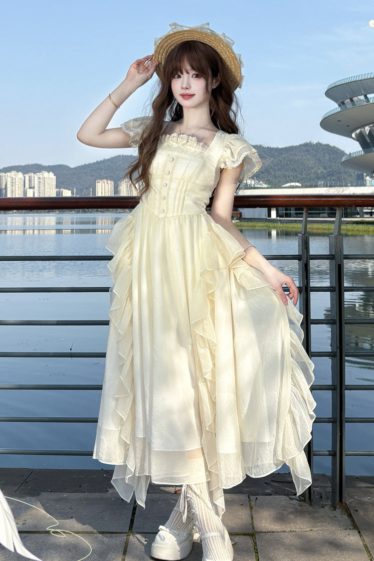 Apricot [Moonlight Beach] Square Collar Short Sleeves Ruffle Sweet Lolita Dress