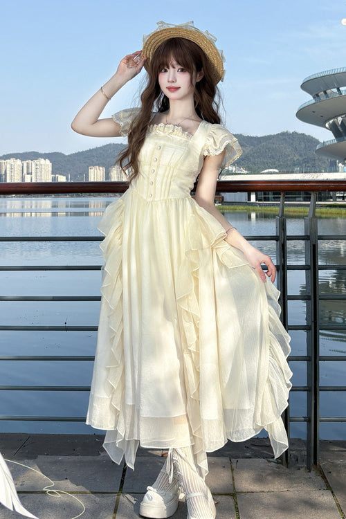 Apricot [Moonlight Beach] Square Collar Short Sleeves Ruffle Sweet Lolita Dress