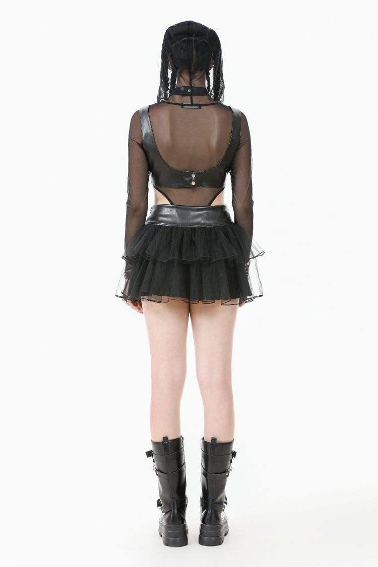 Black Multi-Layered Lace Mesh Women's Punk Short Skirt with D-Ring Ties Waist
