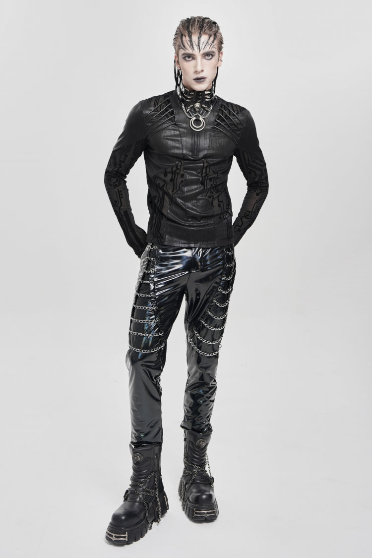 Black Long Sleeves Circuit Board Print Men's Punk Blouse