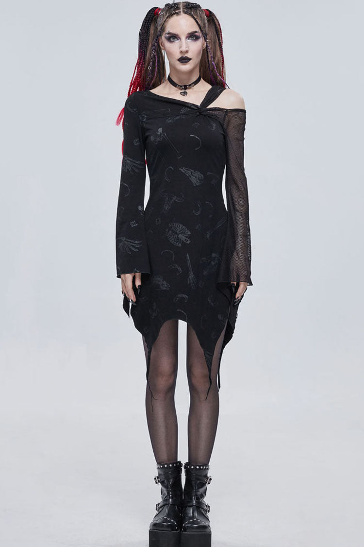 Black Gothic Off-The-Shoulder Graphic-Print Asymmetric Design Splicing Mesh Women's Dress