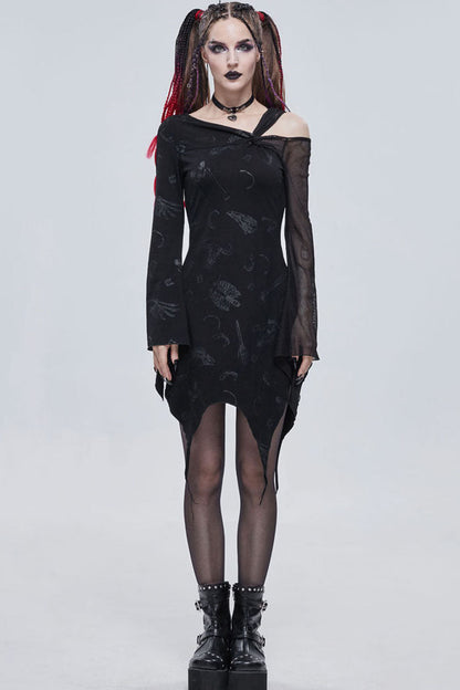 Black Gothic Off-The-Shoulder Graphic-Print Asymmetric Design Splicing Mesh Women's Dress