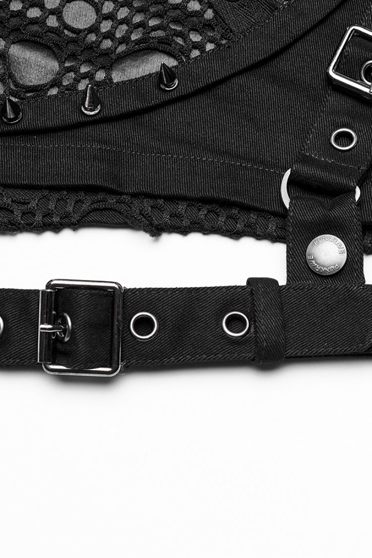 Black Faux Leather Stitching Mesh Buckles Women's Steampunk Shorts