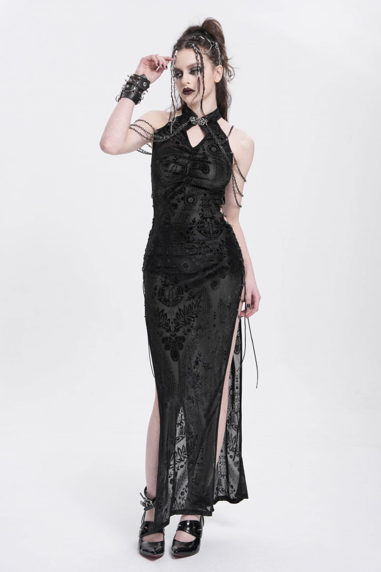 Black Halterneck Sleeveless Cheongsam Collar Side Slit Embroidery Women's Gothic Dress