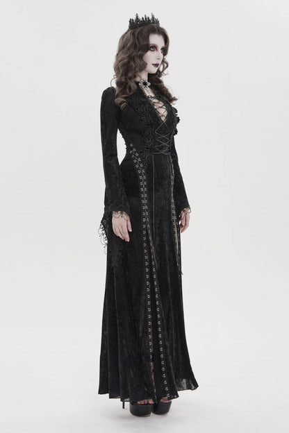 Black Halterneck Long Trumpet Sleeves Hanayome Lace Lace-Up Slim Chain-Decorated Women's Gothic Dress Plunging Split Maxi Dress
