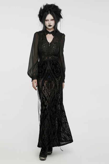 Black Embroidery Lace-Up Sheer Mesh Women's Gothic Skirt