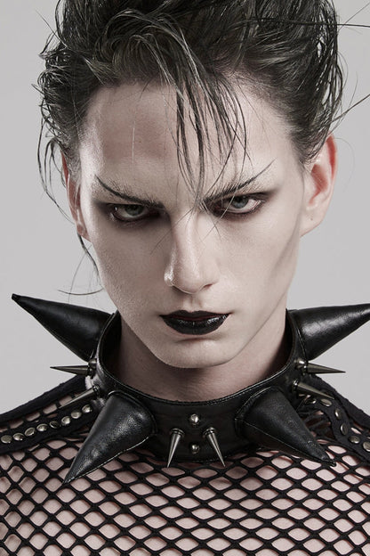 Black Cracked Leather Metal Nail Decoration Men's Steampunk Pointed Choker
