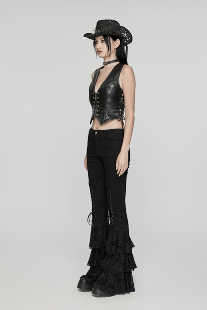 Black Lace-Up Slim Zippered Women's Punk Cool Faux Leather Vest
